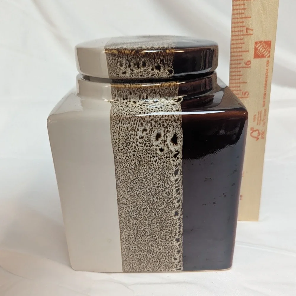 Pier 1 Canister Set Brown Tri Color Reactive‎ Glaze 2pc Stoneware Canister